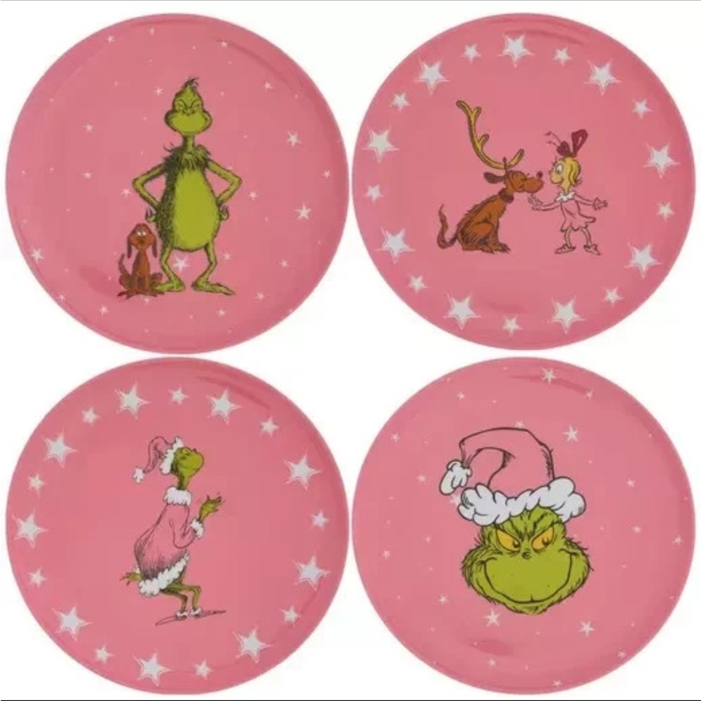 Christmas Pink Dr. Seuss The Grinch Mischievous Melamine 8" Plates Set of 4